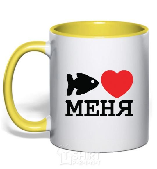 Mug with a colored handle THE FISH LOVES ME. yellow фото