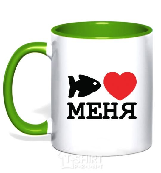 Mug with a colored handle THE FISH LOVES ME. kelly-green фото