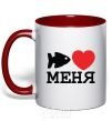 Mug with a colored handle THE FISH LOVES ME. red фото