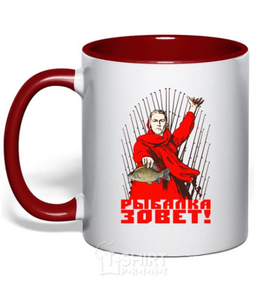 Mug with a colored handle FISHING IS CALLING! Image red фото