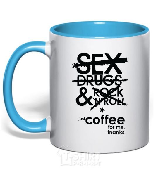 Mug with a colored handle SEX, DRUGS AND ROCK'N-ROLL... sky-blue фото