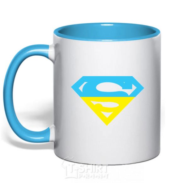 Mug with a colored handle UKRAINIAN SUPERMAN sky-blue фото