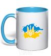 Mug with a colored handle Emblem and Flag - colors sky-blue фото