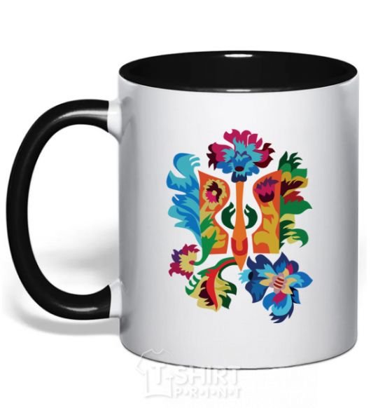 Mug with a colored handle Emblem flowers black фото