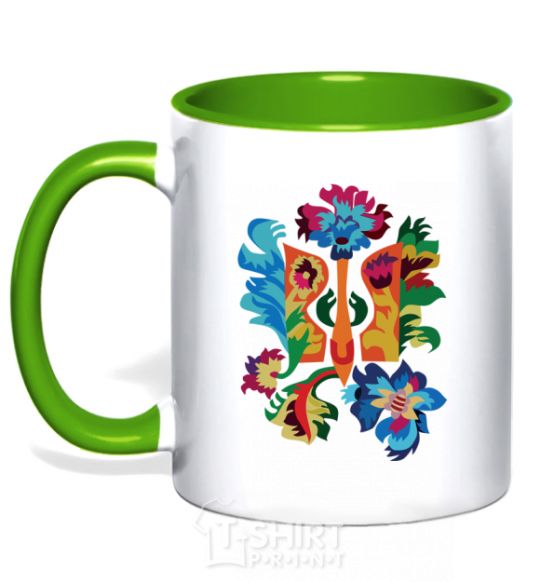 Mug with a colored handle Emblem flowers kelly-green фото