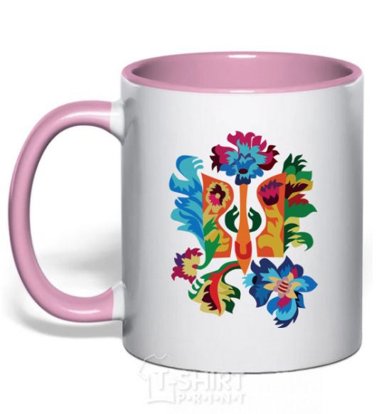 Mug with a colored handle Emblem flowers light-pink фото