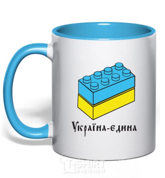 Mug with a colored handle UNITED UKRAINE - Lego bricks sky-blue фото
