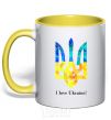 Mug with a colored handle I love Ukraine yellow фото