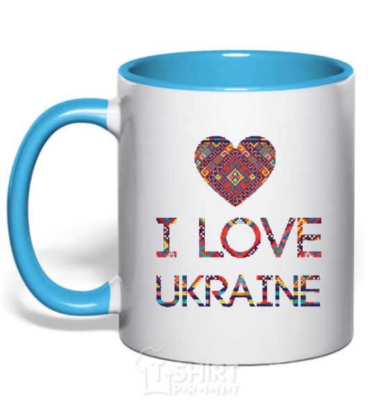 Mug with a colored handle Вишиванка - I love Ukraine sky-blue фото