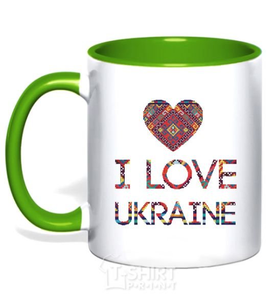 Mug with a colored handle Вишиванка - I love Ukraine kelly-green фото