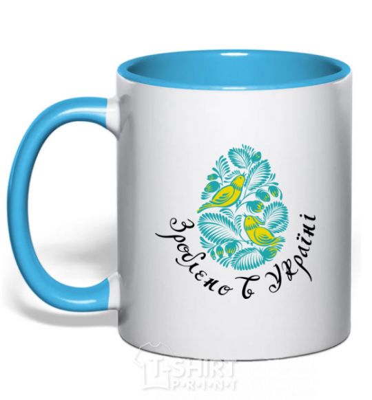 Mug with a colored handle Petrykivka painting - birds sky-blue фото