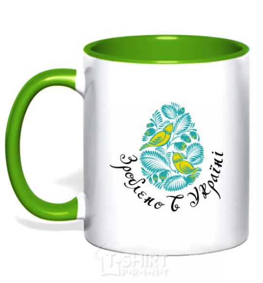 Mug with a colored handle Petrykivka painting - birds kelly-green фото