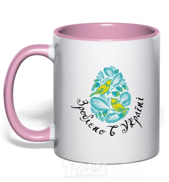 Mug with a colored handle Petrykivka painting - birds light-pink фото