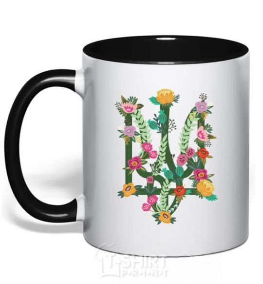 Mug with a colored handle Coat of arms with flowers black фото