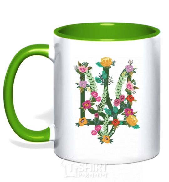 Mug with a colored handle Coat of arms with flowers kelly-green фото