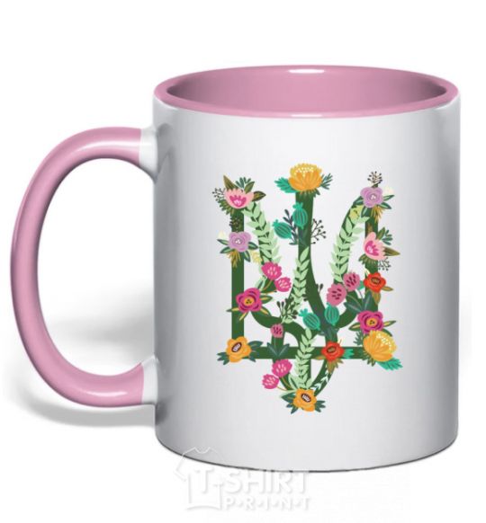 Mug with a colored handle Coat of arms with flowers light-pink фото