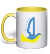 Mug with a colored handle Peace to Ukraine - a dove of peace yellow фото