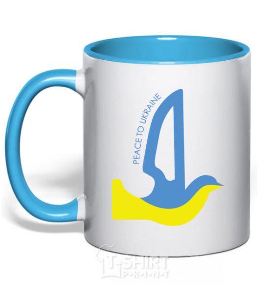 Mug with a colored handle Peace to Ukraine - a dove of peace sky-blue фото