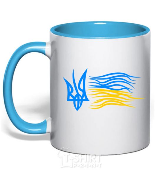 Mug with a colored handle Coat of Arms and Flag of Ukraine sky-blue фото