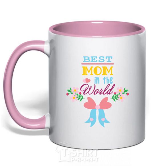 Mug with a colored handle BEST MOM IN THE WORLD with the image of light-pink фото