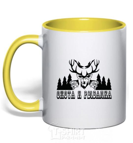 Mug with a colored handle FISHING AND HUNTING yellow фото