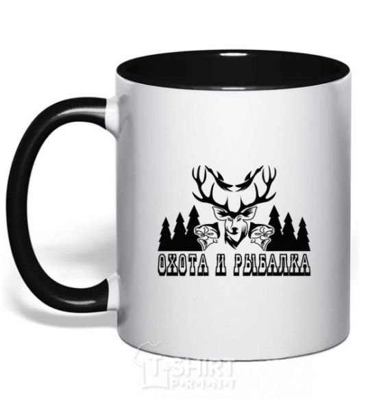 Mug with a colored handle FISHING AND HUNTING black фото