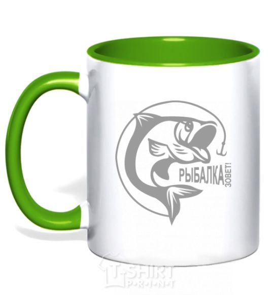 Mug with a colored handle The inscription FISHER CALLING! kelly-green фото