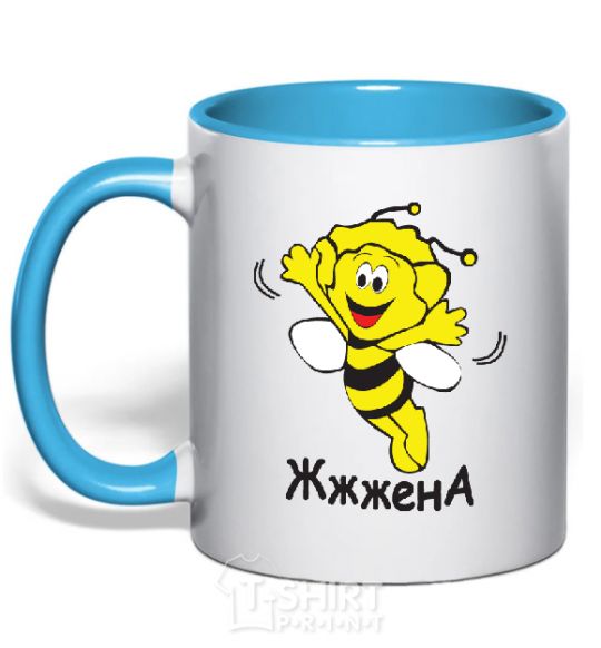 Mug with a colored handle Bee woman sky-blue фото