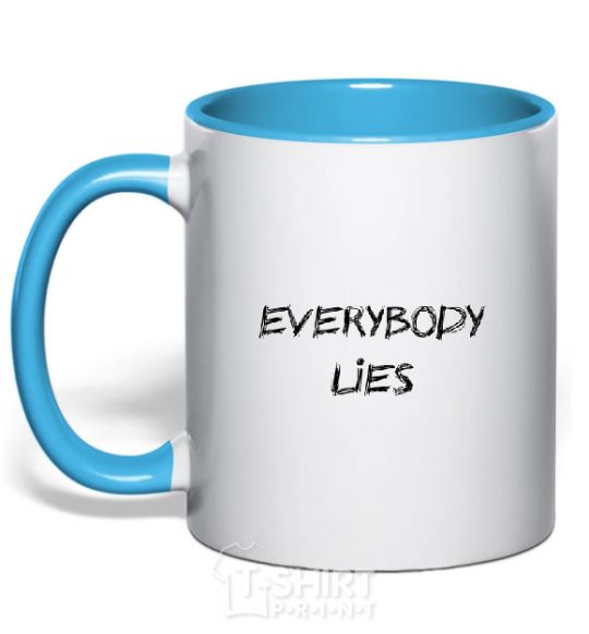 Mug with a colored handle Everybody Lies sky-blue фото