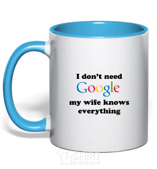 Mug with a colored handle My wife google sky-blue фото