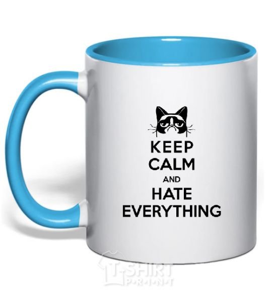 Mug with a colored handle Hate everything sky-blue фото