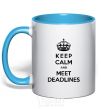 Mug with a colored handle Meet deadlines sky-blue фото