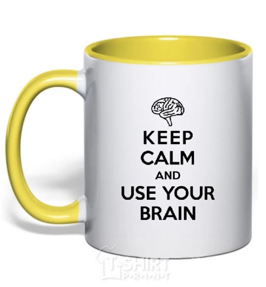 Mug with a colored handle Keep Calm use your brain yellow фото