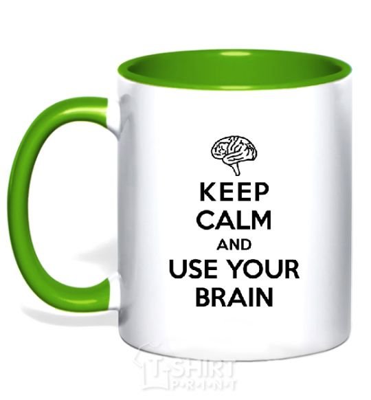 Mug with a colored handle Keep Calm use your brain kelly-green фото