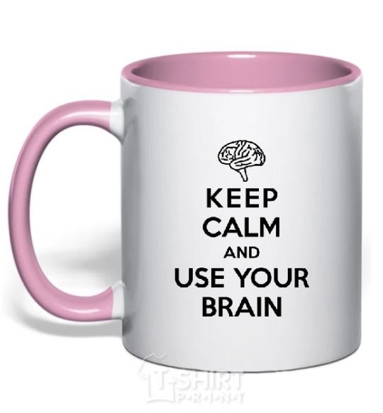 Mug with a colored handle Keep Calm use your brain light-pink фото