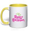 Mug with a colored handle HAPPY Halloween PINK yellow фото