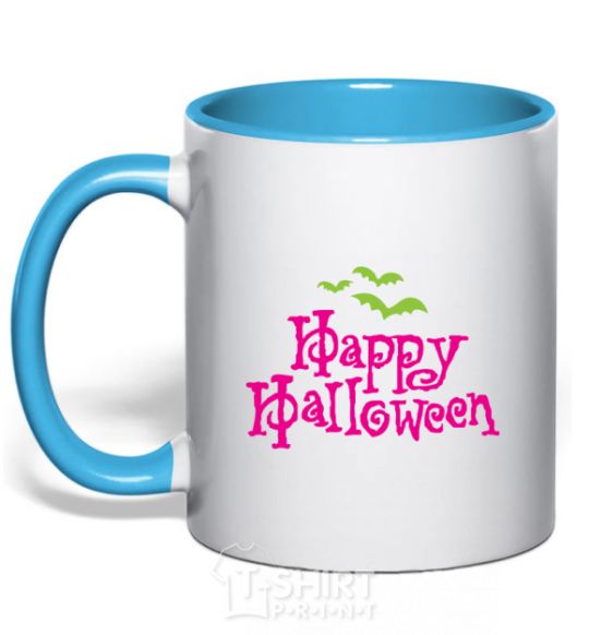 Mug with a colored handle HAPPY Halloween PINK sky-blue фото