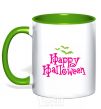Mug with a colored handle HAPPY Halloween PINK kelly-green фото
