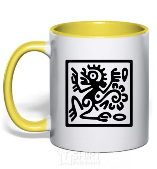 Mug with a colored handle Monkey pattern yellow фото