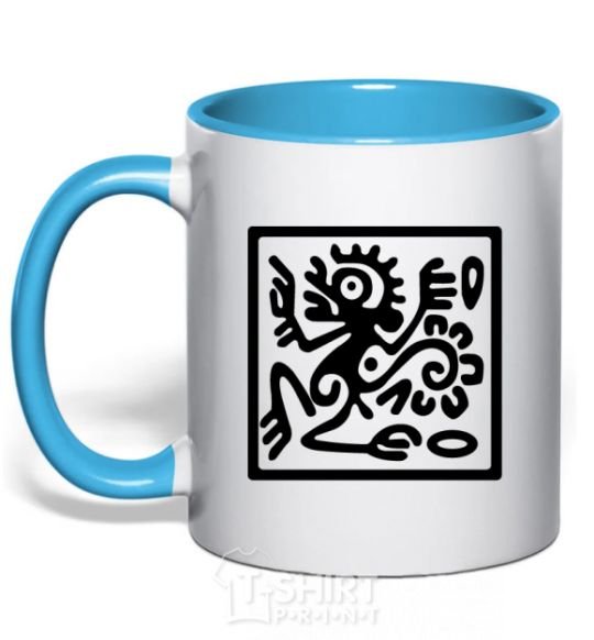 Mug with a colored handle Monkey pattern sky-blue фото