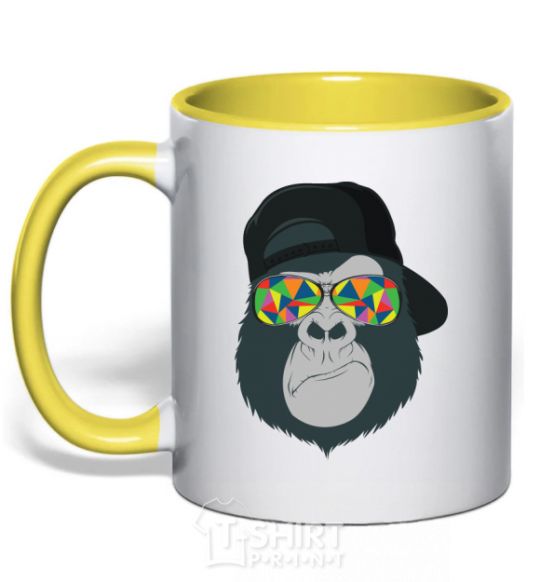 Mug with a colored handle Monkey in glass yellow фото
