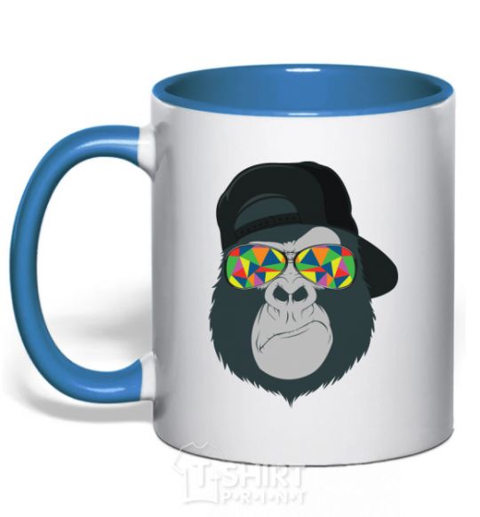 Mug with a colored handle Monkey in glass royal-blue фото