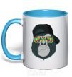 Mug with a colored handle Monkey in glass sky-blue фото