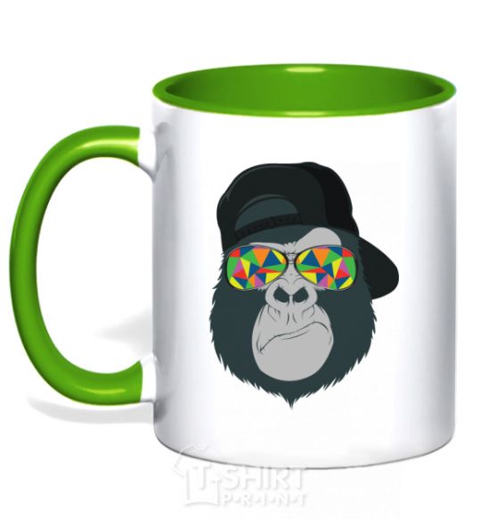 Mug with a colored handle Monkey in glass kelly-green фото