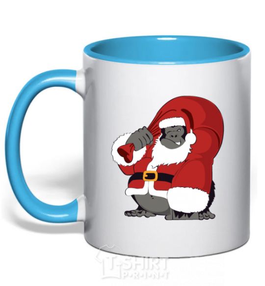 Mug with a colored handle Gorilla Santa sky-blue фото