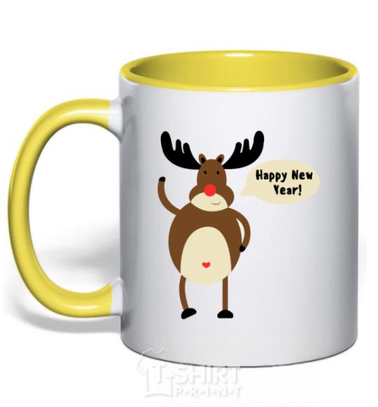 Mug with a colored handle Christmas Deer yellow фото