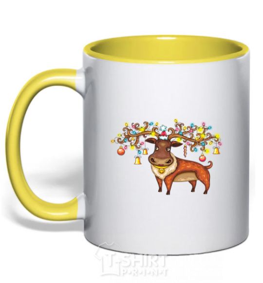 Mug with a colored handle Deer lights yellow фото