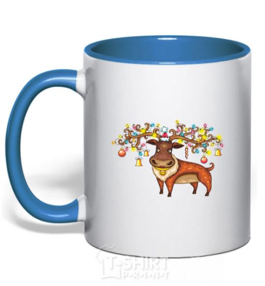 Mug with a colored handle Deer lights royal-blue фото