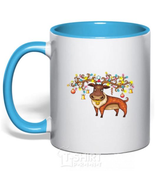 Mug with a colored handle Deer lights sky-blue фото