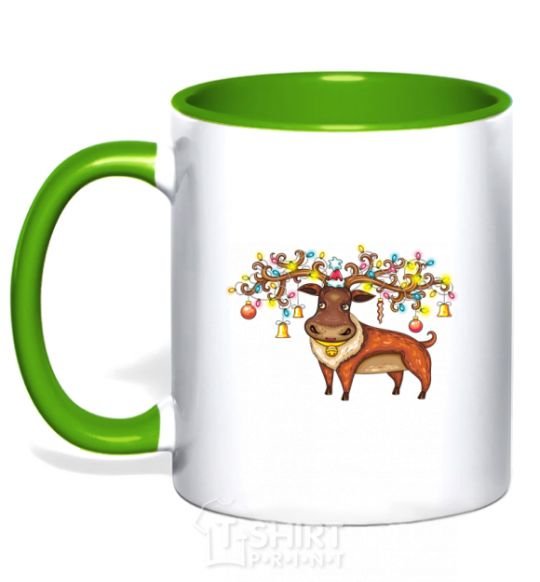 Mug with a colored handle Deer lights kelly-green фото